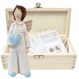 Handmade Ceramic Angel Figurine with Blue Heart in Natural Wooden Box