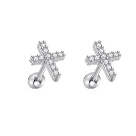 16g Cross CZ Cartilage Small Stud Earring for Women Teen Girls Men Cute Minimalist Tragus Helix Surgical Stainless Steel Hypoallergenic Tiny Little Studs Ball Screw Backs Birthday Gift (Stye #1 Silver)