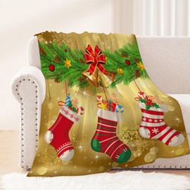 Neatee Living Christmas Decorative Throw Blanket Red Gold Christmas Stockings Blanket Xmas Holiday Throw Blanket Couch Sofa Bed Soft Lightweight Fuzzy Plush Fleece Blankets and Throws 50x60