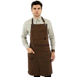 Under NY Sky Chef Apron - Twill, No-Tie, Leather Trim - Restaurant, Bartender, Barista, Grill - Brown Twill