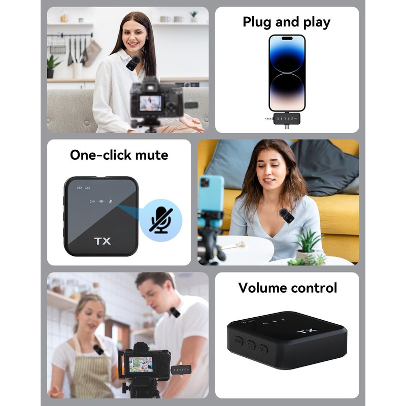 PQRQP 3 in 1 Microphone for iPhone/Android/Camera, Wireless Lavalier Microphone,