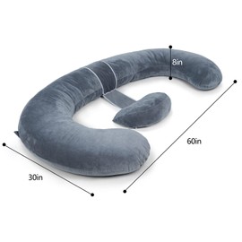 QUEEN ROSE Pregnancy Pillows - E Shaped Pregnancy Pillows for Sleeping, Detachable Body Pillow for Pregnant Side Sleeper, Grey Velvet Cover, 60in