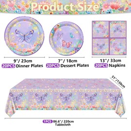 61 Pieces Butterfly Birthday Decorations - Purple Butterfly Party Decorations Butterfly Plates, Napkins and Flower Butterfly Tablecloth for Fairy Butterfly Birthday Party Supplies, Serve 20