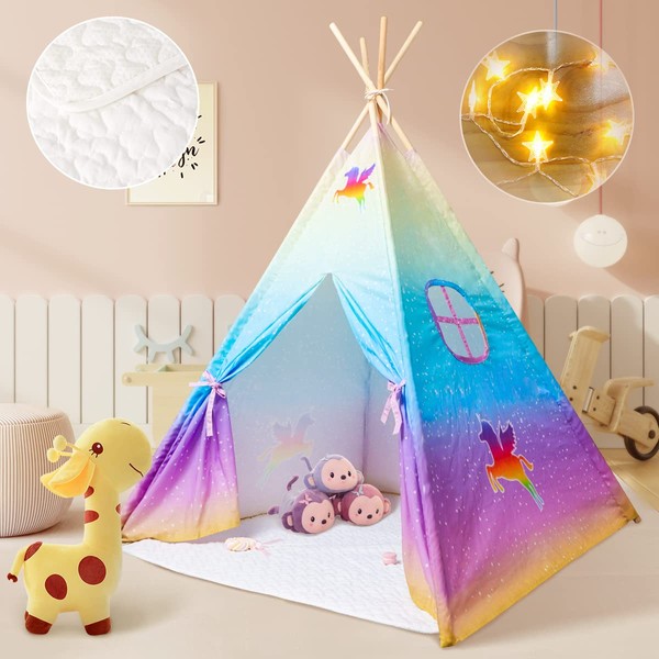 Meland Teepee Tent for Kids - Unicorn Girls Playhouse - Canvas Foldable Teepee Play Tent with Star Lights, Padded Mat & Storage Bag, Birthday for Girls Princess Indoor & Outdoor Playing