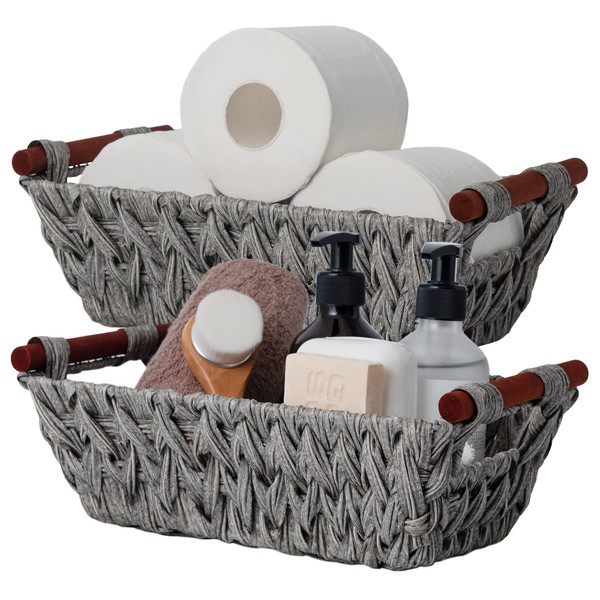 GRANNY SAYS Wicker Storage Baskets for Shelves, Pack of 2 Storage Baskets Wicker, Handwoven Storage Baskets with Handles, Waterproof Storage Wicker Baskets Organising, Small Baskets for Storage, Grey
