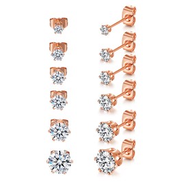 6 Pairs Rose Gold Plated Stud Earrings Set,Hypoallergenic Cubic Zirconia Stud Earrings for Women
