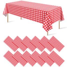 12 Pack Red and White Plastic Checkered Tablecloth, Premium Decorative Disposable Red Gingham Plaid Table Cloths for Parties, Rectangle Party Table Cover for Picnic Farm Birthday Wedding, 54x108 Inch