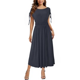 Newshows Womens 2025 Summer Drawstring Cap Sleeve Boat Neck Smocked Casual Vacation Outfits Vestidos Midi Dress(Navy Blue,M)