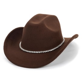 Bling Rhinestone Cowgirl Hat for Women Men, Rolled Wide Brim Western Felt Fedora Brown Sparkly Disco Cowboy Hat M
