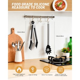 Spaghetti Spoon and Pasta Tong with Grip Teeth and Drain Holes, 2-Piece Non-Stick Silicone Head with Stainless Steel Handle, Heat Resistant Food Grade Utensils for Cooking, Serving, Salad and Noodles