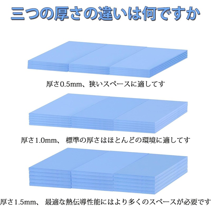 Rongdeson サーマルパッド 経済型6パック 3種類の厚さ 熱暴走対策 冷却ラジエーターフィン 両面放熱シリコーンパッド 熱伝導性6.0 W/mk 軟らか材質