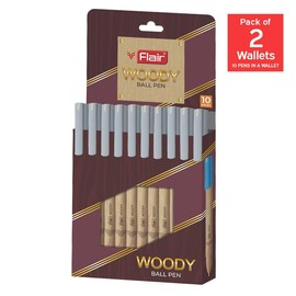 FLAIR Woody Ball Pen Wallet Pack | 0.7 mm Tip Size | Attractive Woody Design | Smooth Ink Flow System With Low-Viscosity Ink | Smudge Free Writing | Black Ink, Pack of 20 Ball Pens