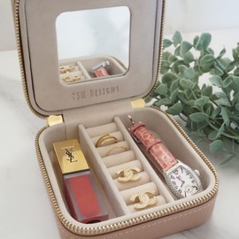 YSM Designs Travel Jewelry Organizer Box, Travel Jewelry Case | Small Jewelry Box for Women, Jewelry Travel Case | Earring Organizer Box with Mirror (Beige)
