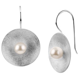 Ladies Earrings Earrings with Nena Lina 6 mm Muschelkern-Pearl and Brushed Surface, in 925 Sterling Silver Handmade