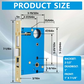 Tandefio 1 Set Double Cylinder Mortise Lock Iron Gate Ornamental Latch Set with 2-1/2" Backset 1" X 7-1/8" Faceplate Polish Brass(Right Hand Reverse,Brass)