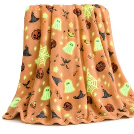 Glow in The Dark Halloween Blanket 50x60 Inches Soft Flannel Fleece Ghost Blanket Cute Spooky Skull Pumpkin Throw Luminous Cozy Holiday Bedding Decor Gift for Kids Boys Girls