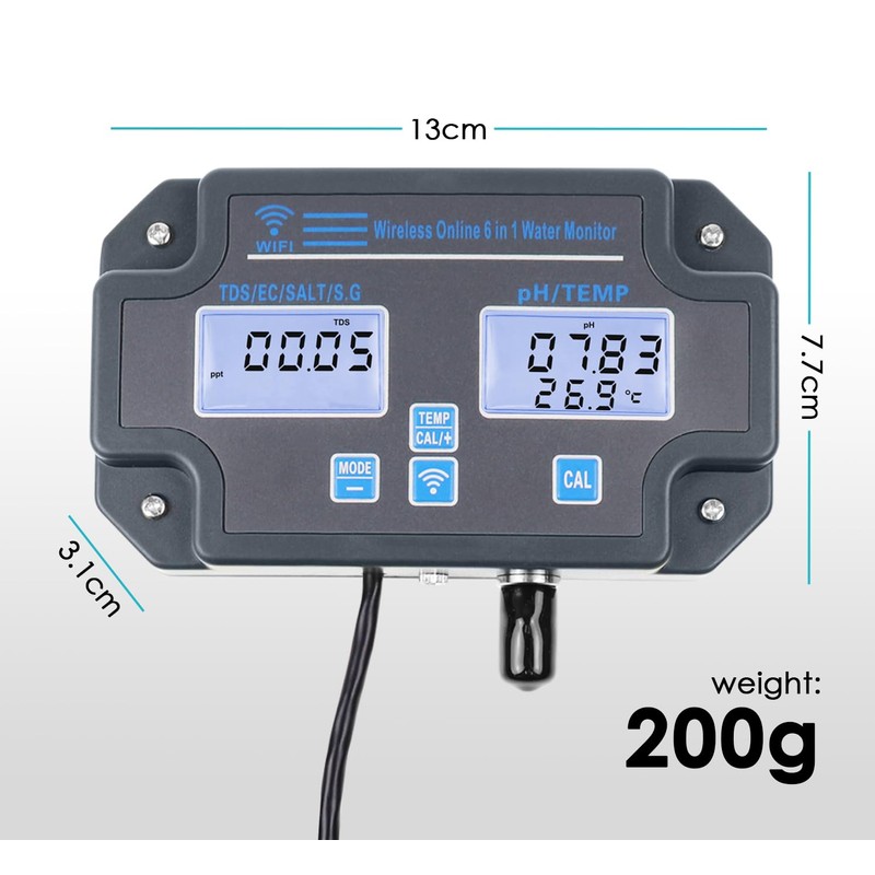 Smart Water Quality Tester 6-in-1 pH/EC/TDS/Salinity/S.G and Temperature Meter with
