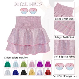 American Trends Girls Metallic Skirt Sequin Sparkly Skirts 2-Layer Ruffle Skirts with Sunglasses Cheerleaders Skirt Silver 6-7 Years