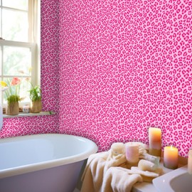 Pink Wallpaper Peel and Stick Modern Self-Adhesive Removable Contact Paper Pink Girls Room Wallpaper Art Murals Leopard Print Art Decor Vinyl Film for Women Bedroom Bathroom Kids Room Cabinet Sticker