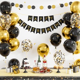 Retirement Party Decorations for Men and Women - Black and Gold Happy Retirement Banner Balloons Garland Kit for Farewell Party, Coworker Leaving, Office, Home, Indoor, Outdoor Decor