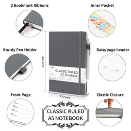 feela 5 Pack Journal Notebook Bulk for School, Hardcover Business Notebooks Classic Ruled Lined Journals with Pen Holder for Work Note Taking, with 5 Black Pens, 120 GSM, 5.1”x8.3”, A5, Gray