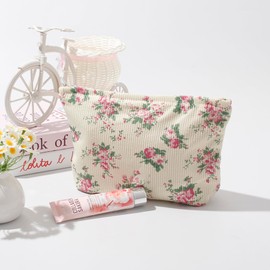 Cosmetic Bags for Women - Corduroy Cosmetic Bag Aesthetic Women Handbags Purses Makeup Organizer Storage Makeup Bag Girls Case Bags (Flowers-Pink)