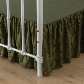 Bed Skirt Queen Size Ruffled Bed Skirt with Split Corners, 14 Inch Drop Dust Ruffle Bed Skirts with Platform, Boho Tufted Shabby Chic Queen Size Bed Skirts, Olive Green