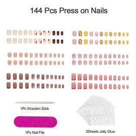 6 Packs (144 Pcs) Press on Nails Medium Design, Almond Fake Nails with Adhesive Tabs Acrylic Nails for Women and Girls