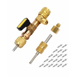 Valve Core Removal Tool，HVAC Tool，Valve Core Remover Tool with Dual Size SAE 1/4 & 5/16 Port, 20 Valve Cores with Teflon Seal, Compatible with HVAC R22 R12 R407 R410 R404 R32 R600 A/C