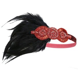 YEEBOM 1920s Flapper Headband Roaring 20s Great Gatsby Feather Headpiece Hair Accessories for Women, Red Black46, Medium