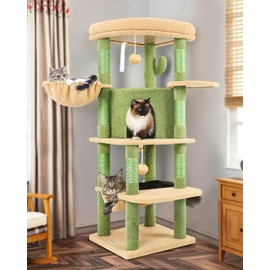 Globlazer Cactus Corner Cat Tree Tower with Scratching Post for Indoor Cats, 51in Multi-Level Cat Condo Tower with Large Hammock, Fan-Shaped Padded Perch, Spacious Cat Cave, Hanging Basket, C51, Green