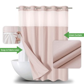 eachope No Hooks Needed Linen Textured Shower Curtain with Snap-in Fabric Liner Set,Blush Hotel Luxury Decor Shower Curtains for Bathroom with Mesh Top Window,Waterproof & Washable,71Wx74H