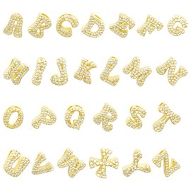 BETITETO Cubic Zirconia Letter Charms 26pcs Glitter 18K Gold Plated Brass Thick Bubble A-Z Alphabet Pendants for Making Jewelry Initial Necklace Bracelets DIY