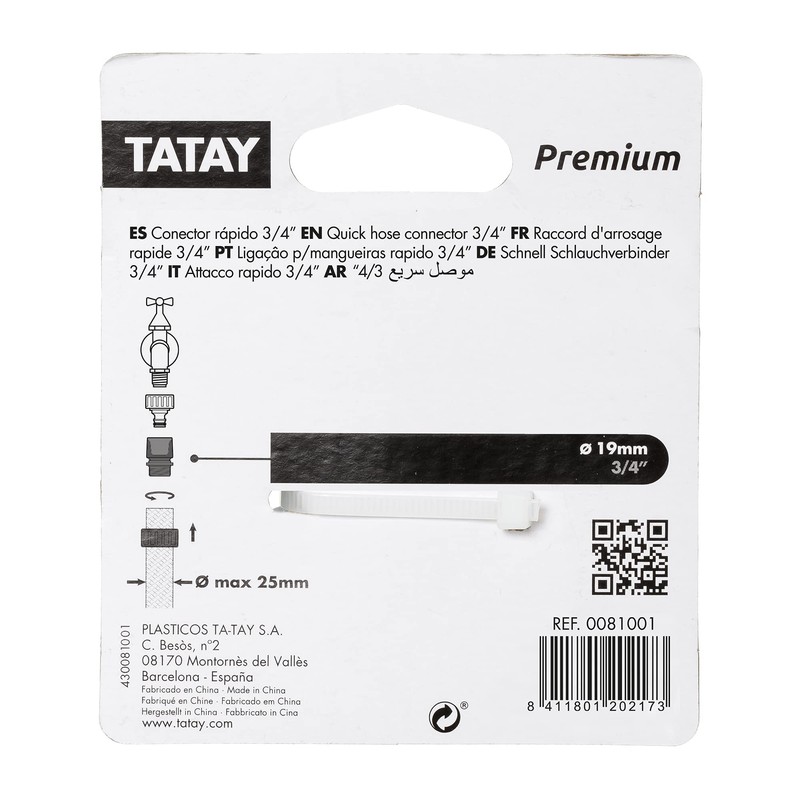 TATAY Premium Quick Hose Connector 3/4" (19mm), Universal Fitting, Solar
