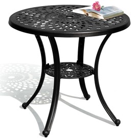 DWVO 30 Inches Round Patio Dining Table with Umbrella Hole, Antique Cast Aluminum Outdoor Bistro Table Outdoor Side Table for Backyard, Garden, Patio, Porch, Black