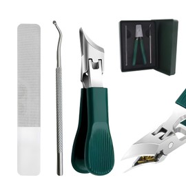 Eagle Beak Nail Clippers, 25° Anti-Splash Slanted Nail Clippers Set (3-Piece), Wide Jaw Opening & Long Handle Design for Thick & Ingrown Nails, Senior-Friendly Ergonomics, Includes Nail File (Green)