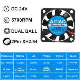AITIAO 6Pcs 4010 Fan DC 24V Mini Brushless Cooling Fans 40x40x10mm 3D Printer Blower 40mm Oil Bearing Fans with 2 Pin Terminal for 3D Printer Hotend Extruder Heatsinks(4010 24V)