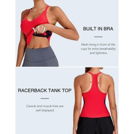 BMJL Womens Ribbed Workout Tank Tops Built in Bras Color Block Athletic Yoga Shirts Racerback Camisole(S,Red)