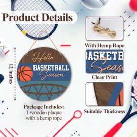 patcate Hello Basketball Season Door Hanger, 12x12 Round Wood Basketball Theme Sign for Rustic Wall Art Decor for Home Decoration, Housewarming Gifts-C17