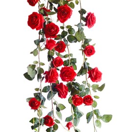 Kugusa Rose Garland Artificial Flowers Home Decor Silk Flower Swag Decoration Party (Red Red) 1 pcs