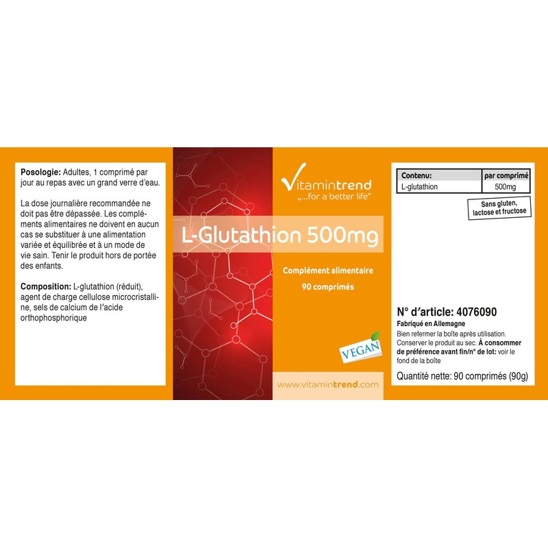 L-Glutathione 500 mg – Reduced – 90 Tablets – Vegan