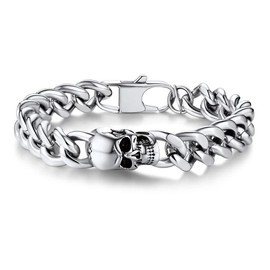 Bandmax Skull Bracelet Men's Curb Chain Bracelet Stainless Steel Skull Bracelet Curb Link Bracelet Punk Biker Bracelet Chic Jewellery Length 19 cm/21 cm/23 cm, Stainless Steel