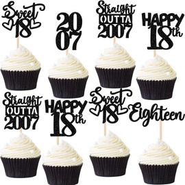30PCS Black 18th Birthday Cupcake Toppers Glitter Eighteen Happy 18th Straight Outta 2007 Cupcake Picks for Cheers to 18 Years Birthday Wedding Anniversary Party Decoration Supplies
