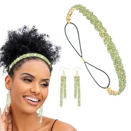 Flayem Women Rhinestone Headbands Elestic Sparkly Hairband Vintage Headbands with Ear Rings Elegant Party Daily Head Chain (Light Green, 45.5cm)