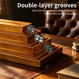 Challenge Coin Display, 4 Tier Double Groove Coin Holder Holds 60-80 Coins, Wooden Military Display Stand, Coin Collection Holders for Collectors, Army Coins Rack Displays Case for Desk Office