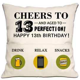 13th Birthday Gift Decorations Gift for 13 Years Old Girls Boys Cushion Cover 18x18 Inch with 3 Pockets for Birthday 13th Birthday Cushion Cover Daughter Son Granddaughter Grandson Gift(13th birthday)