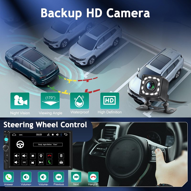 NHOPEEW 7 inch Double Din Car Stereo with Backup Camera,