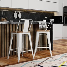 SIMPLIHOME Rayne 30 Inch Industrial Metal / Wood Bar Stool (Set of 2) in White, For the Dining Room and Kitchen