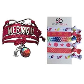 Infinity Collection Mermaid Friendship Charm Bracelet and Hair Ties - Silver and Pink Infinity Love Mermaid Friendship Charm Bracelet - Mermaid Charm Bracelet and Hair Ties for Women and Teens