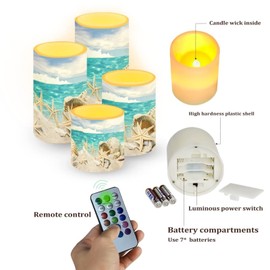 NETILGEN LED Flickering Candles Battery Operated Candles Set of 4 with Remote Control Timer Dancing Flame Pillar Candles Home Table Coastal Decoration, Beach Sky with Starfish